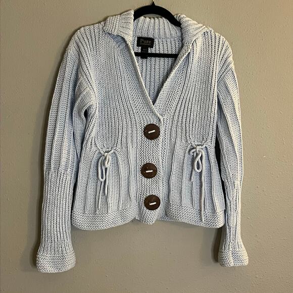 Pure Handknit Women’s Cardigan XS/S Light Blue Cotton Hand Knit Button Sweater - Picture 1 of 4